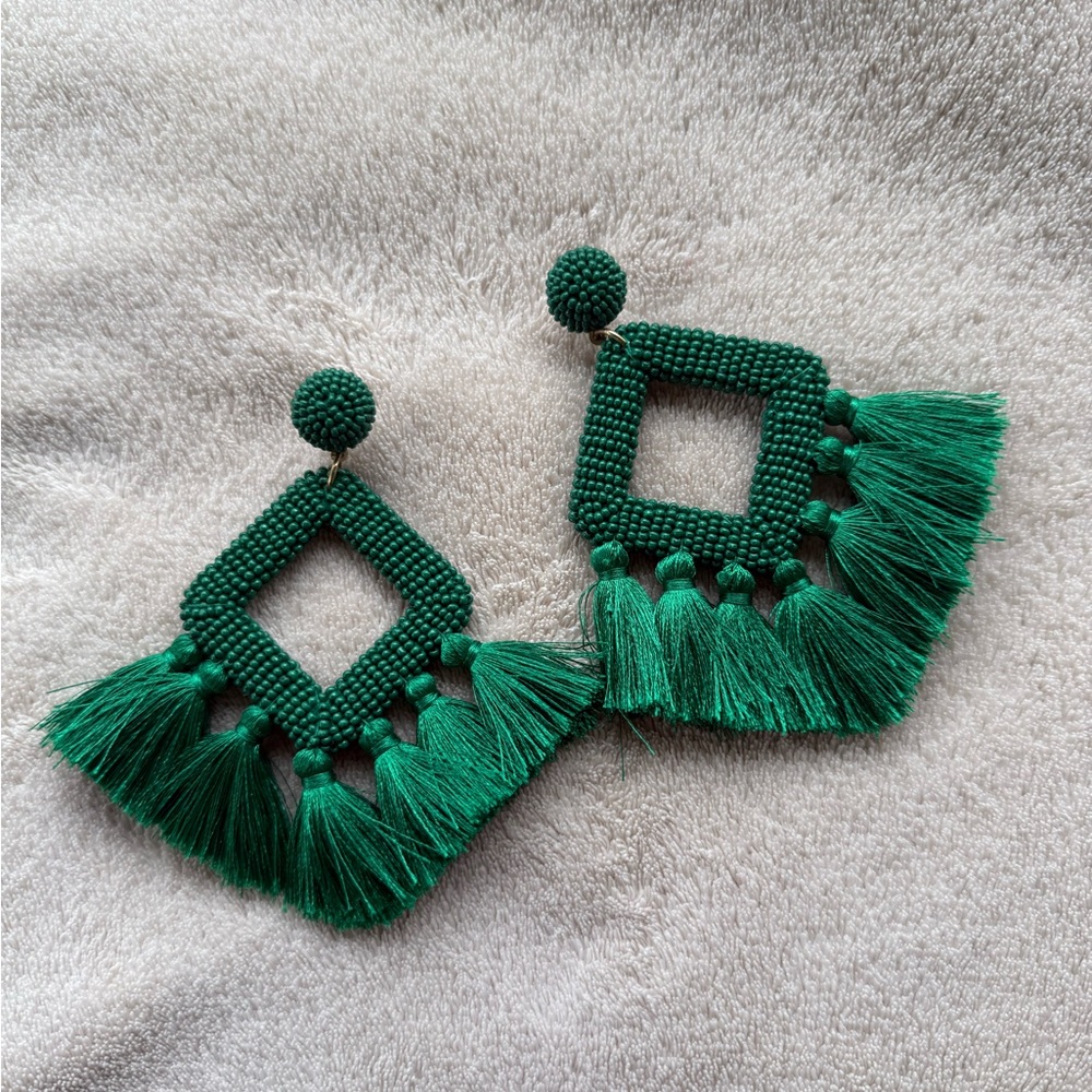 Emerald Green Geometric Tassel Earrings